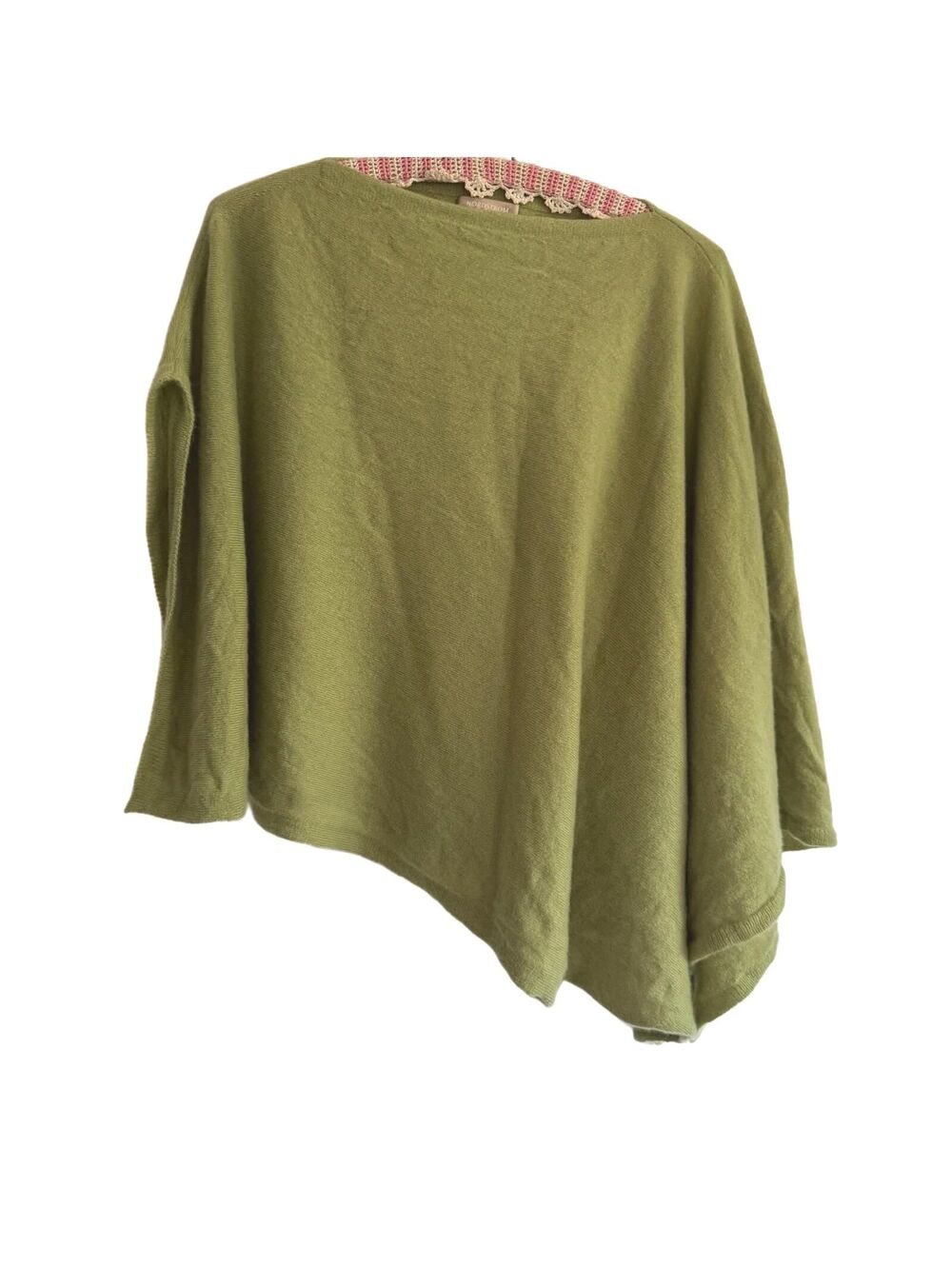 Nordstrom 100% Cashmere Asymmetric Poncho Green Knit Wrap Bateau Neck Sweater OS
